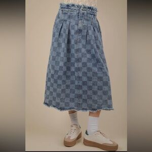 Very J Blue Denim Checkered Midi Skirt